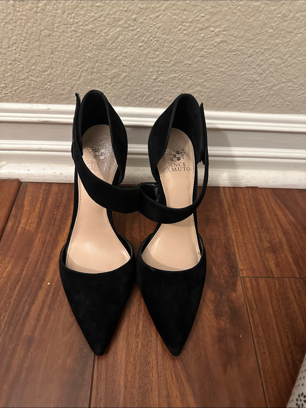 Vince Camuto Black Suede Pointed-Toe Ankle Strap Pumps. Velcro straps